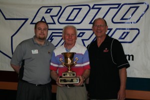 Roto Grip's Roger Noordhoek congratulates 50 & Over Champ Wally Kraus and runner-up Bernie "I"